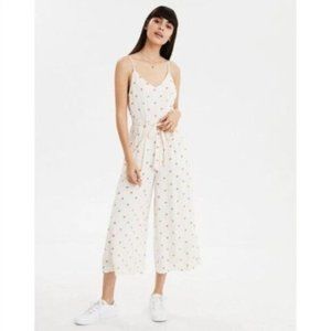 American Eagle Wide Leg Polka Dot Spaghetti-Strap Capri Beige Jumpsuit